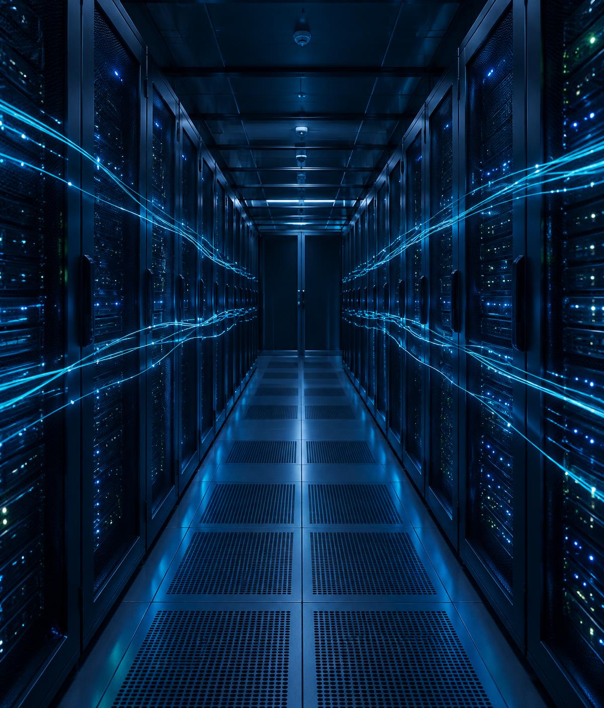 Server racks in a data centre with cyan fibre-optic connections